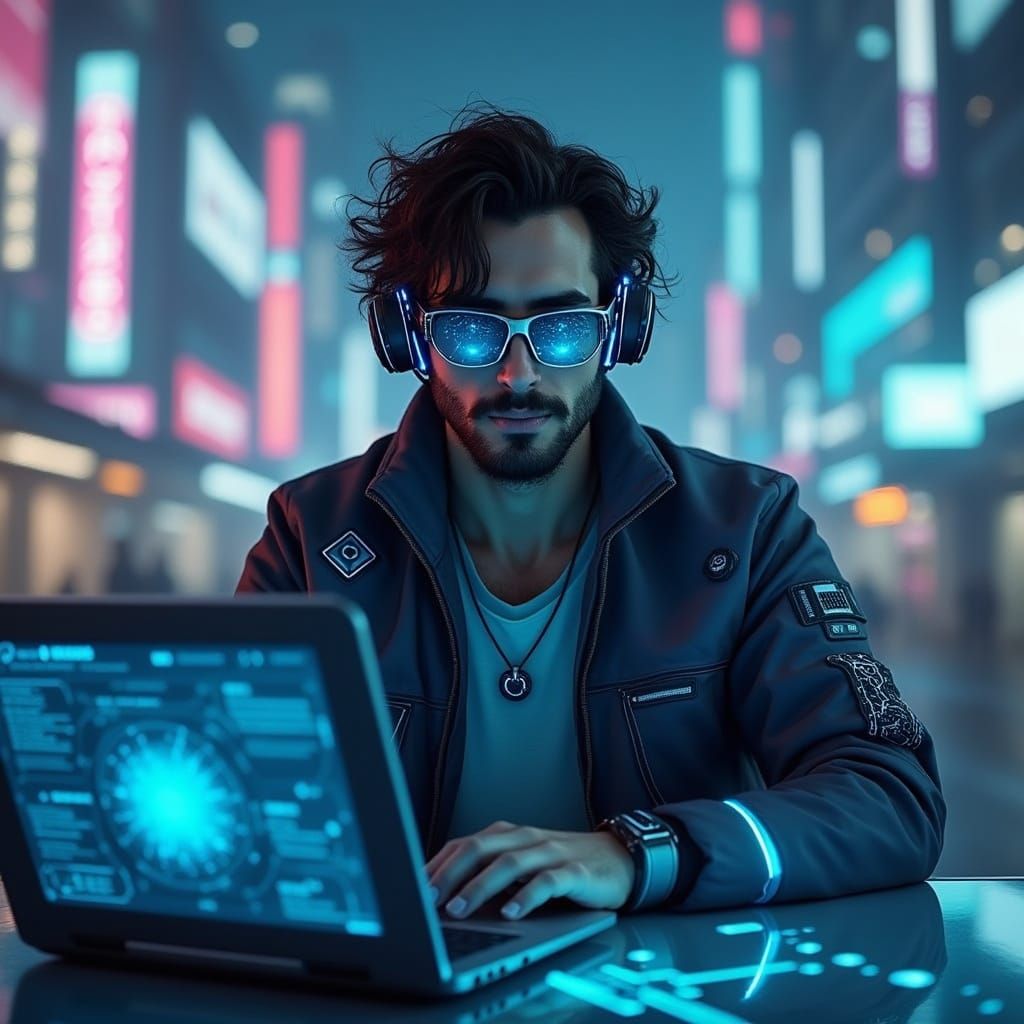Cyberpunk Futurist Works Amidst Neon Cityscape