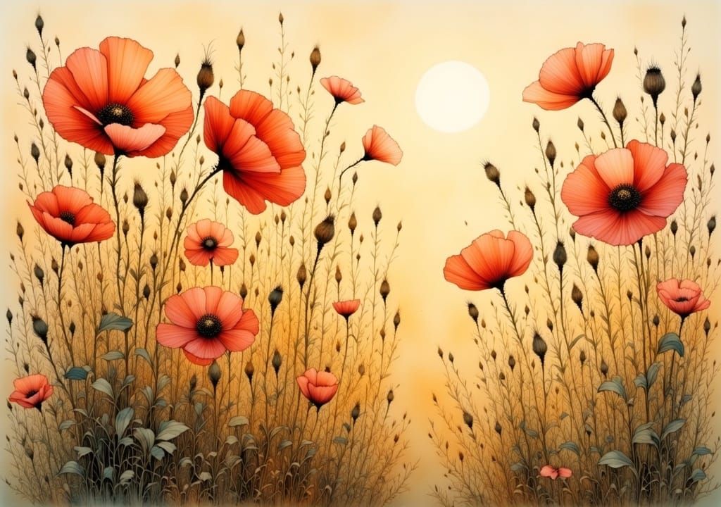 Pink Poppies in Evening Light as Watercolor Painting