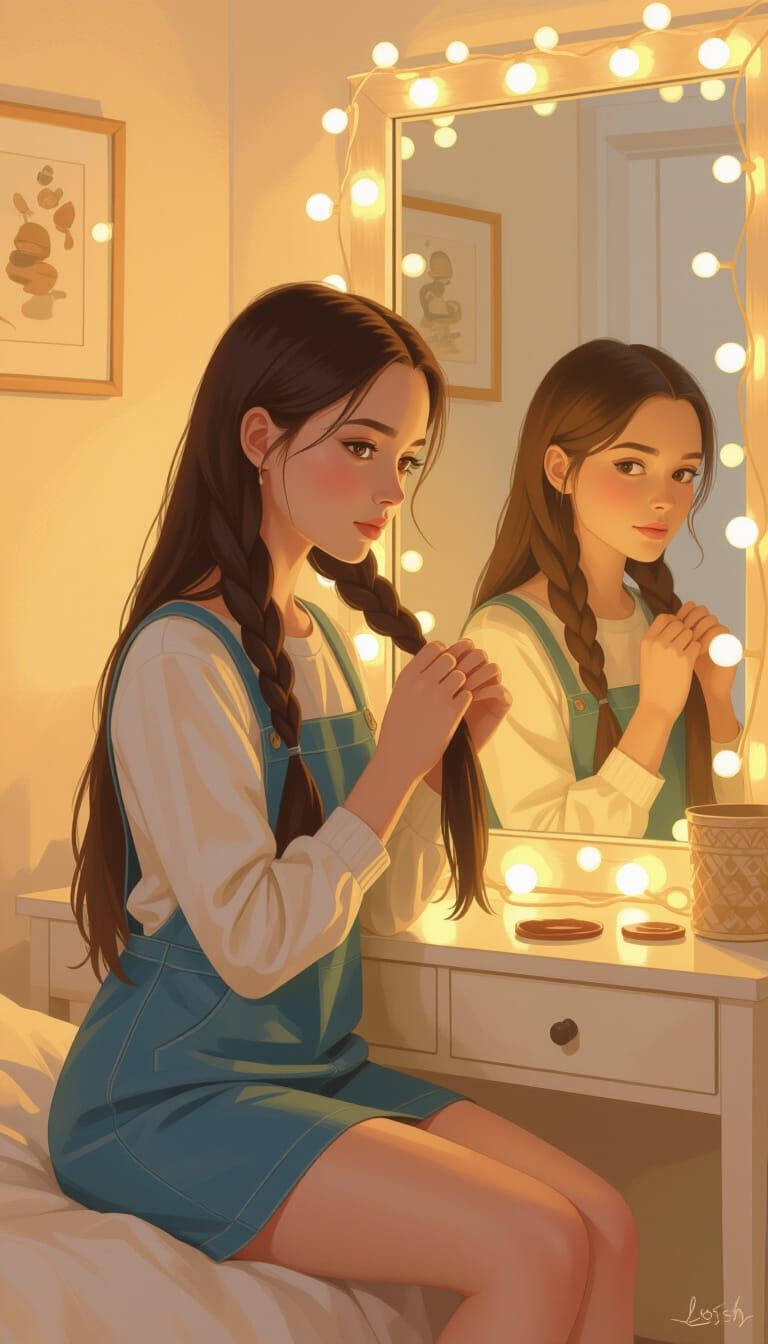 Girl Braiding Hair in Cozy Room: Matte Painting
