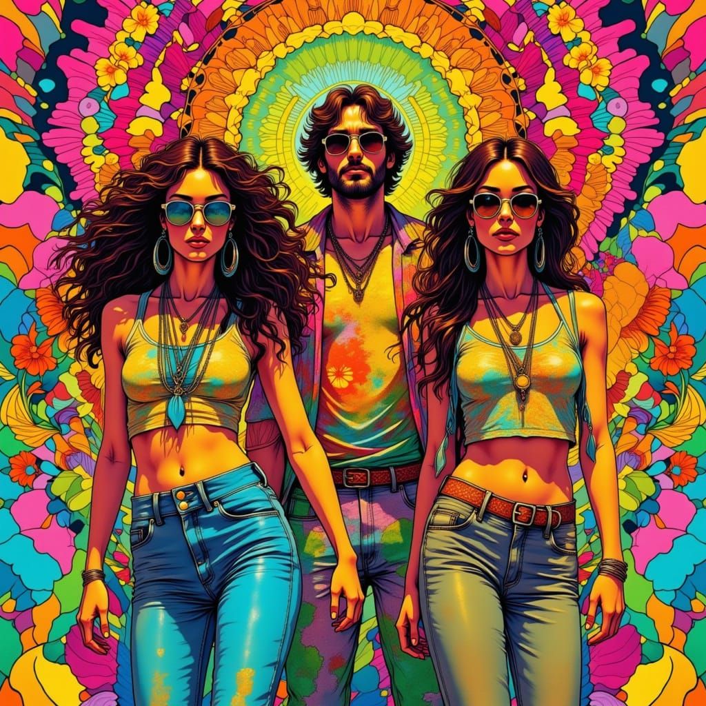 Psychedelic Hippie Scene in 1970s Style