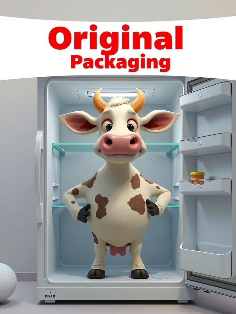 Funny Cow in Fridge: Pixar-Style 3D Render