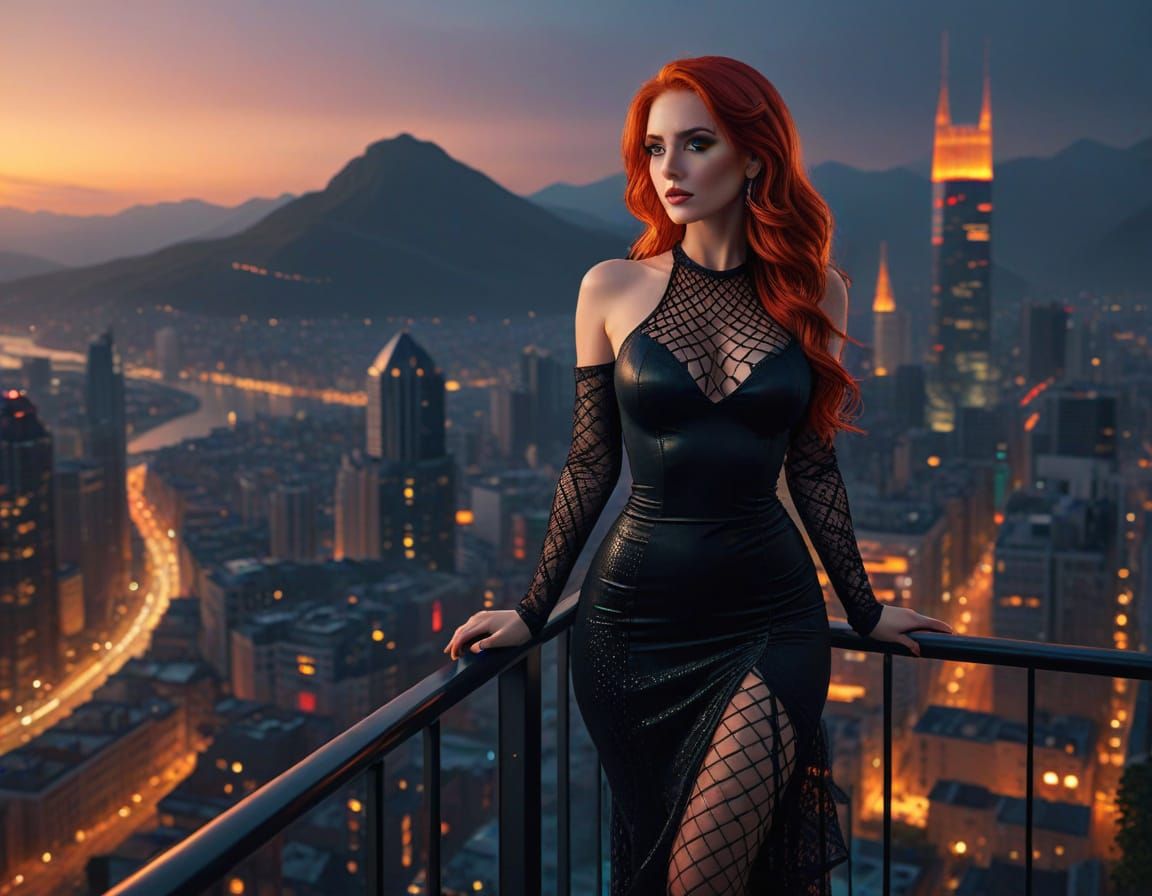 Red-Haired Woman Overlooking Cityscape at Dusk
