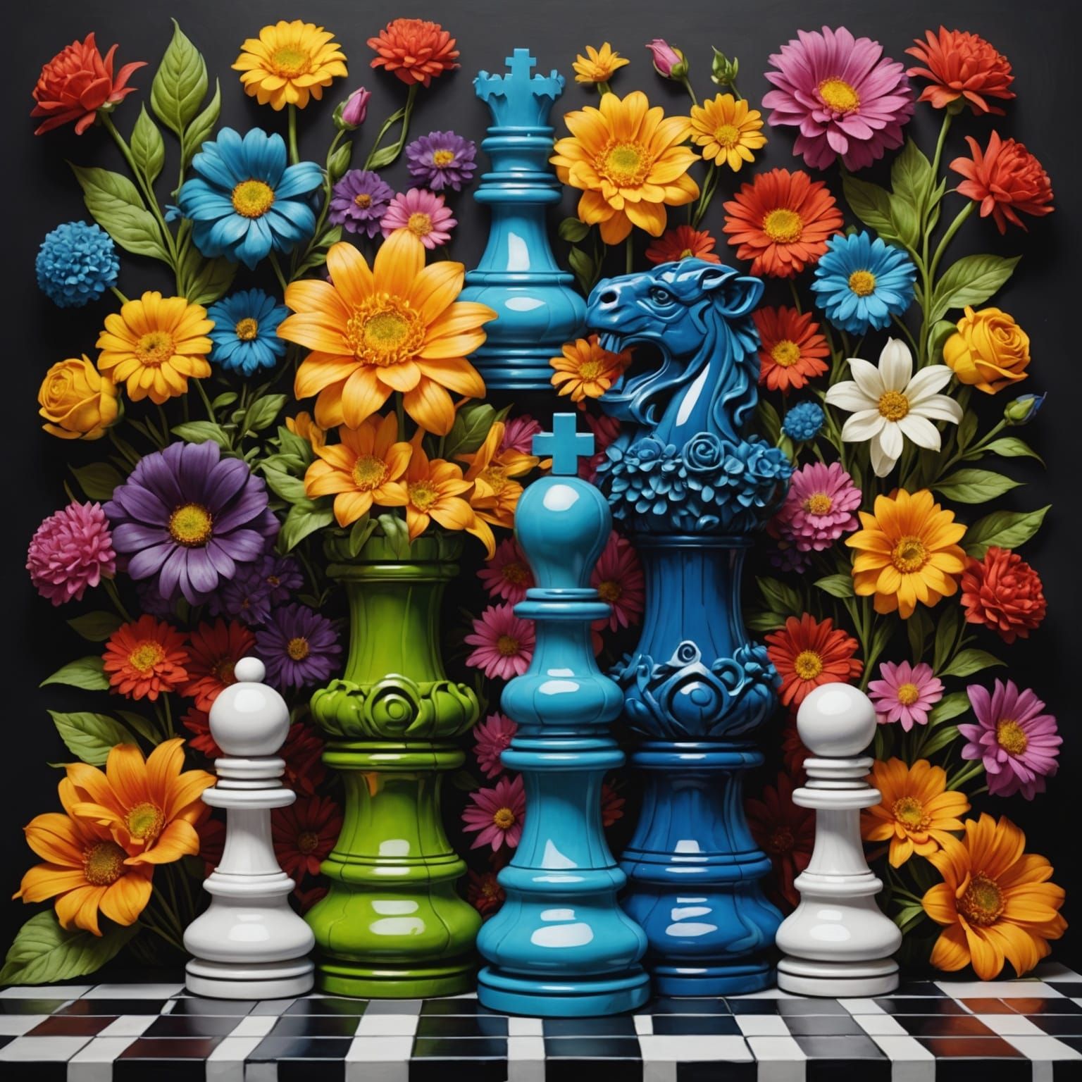 Floral Chess Pieces in Graffiti Splash Art Style