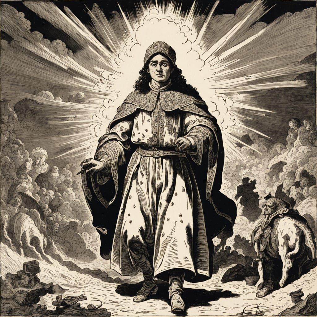 Cyberpunk Cleric Navigates Pyroclasm in Vivid Woodblock Prin...