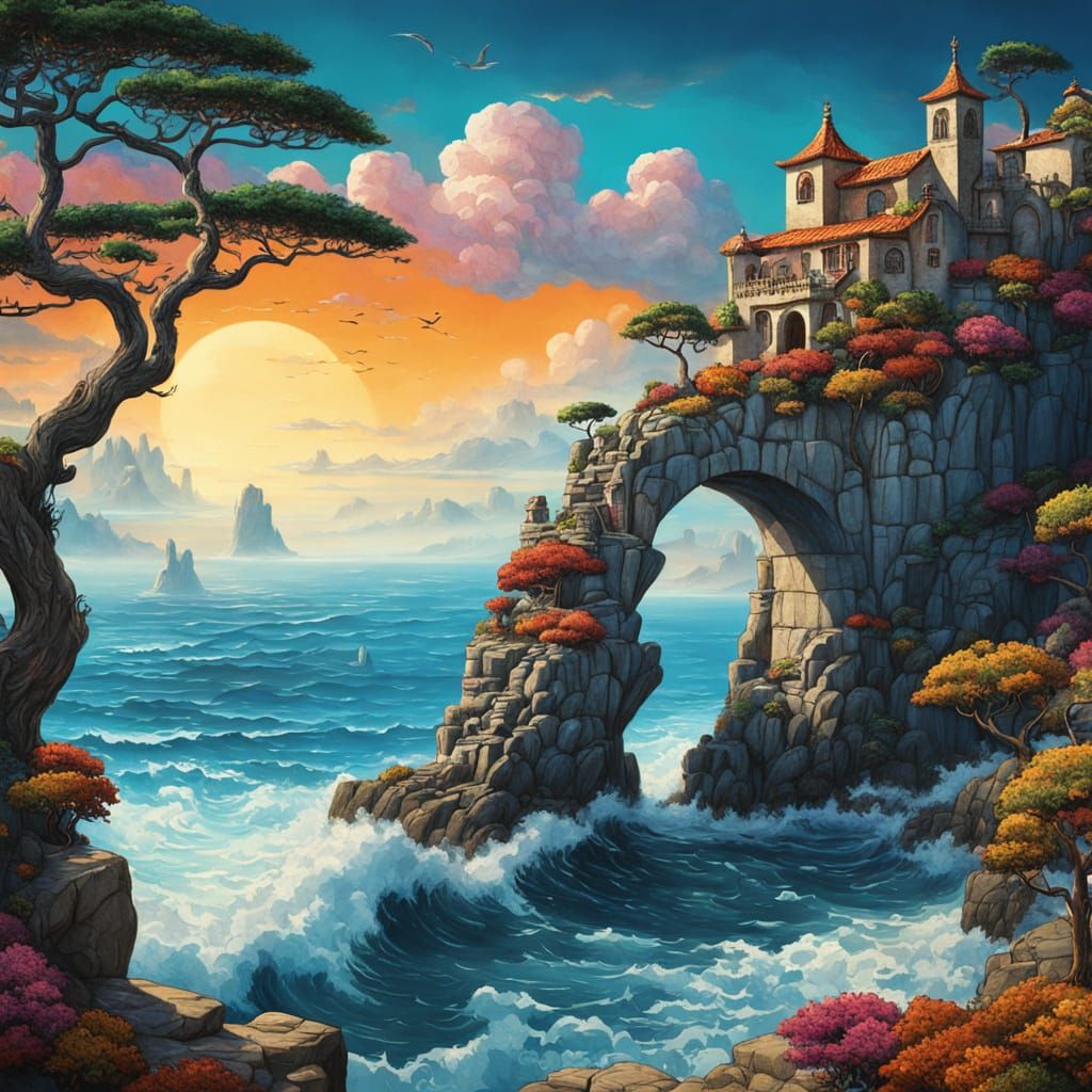 Surreal Fantasy Landscape with Stone Arch, Dali Inspired