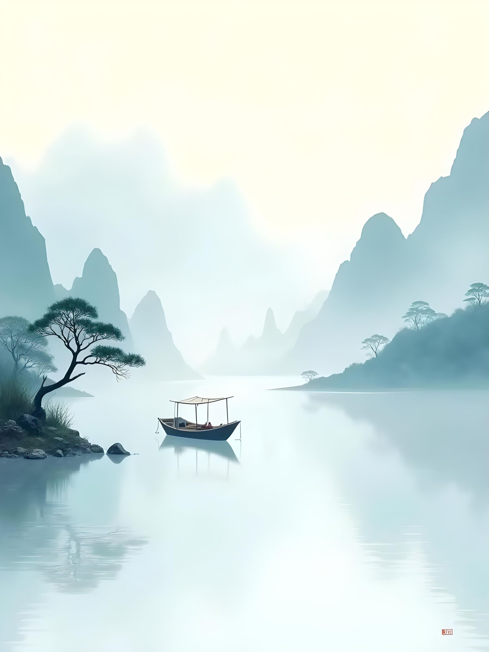 Minimalist Ink Watercolor of Guilin Lake