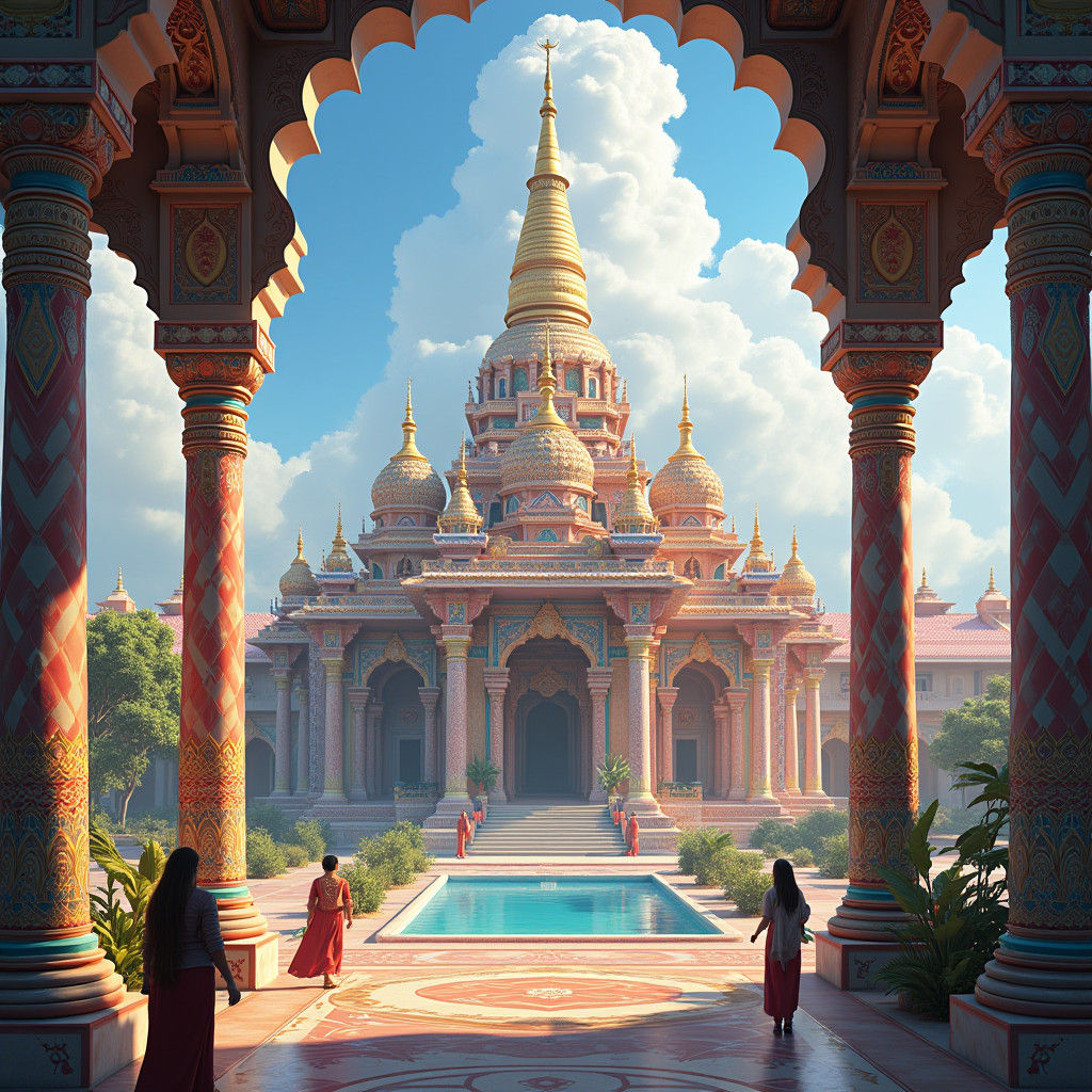 Vibrant Temple with Intricate Carvings in Detailed Matte Pai...