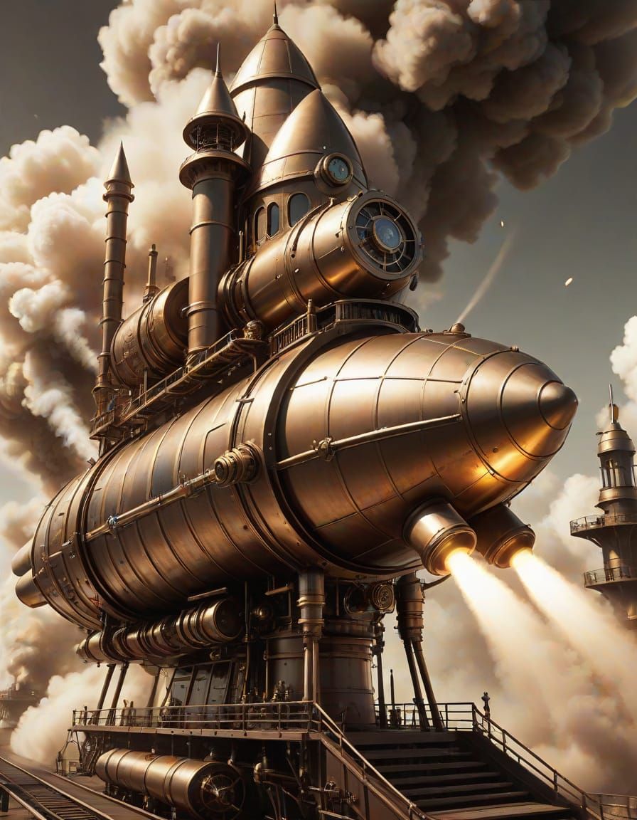 Steampunk Rocket Ship Blasts Off in Film Noir Style