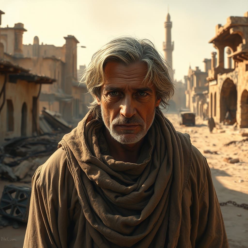 Desert Wanderer in Abandoned City, Atmospheric Oil Painting