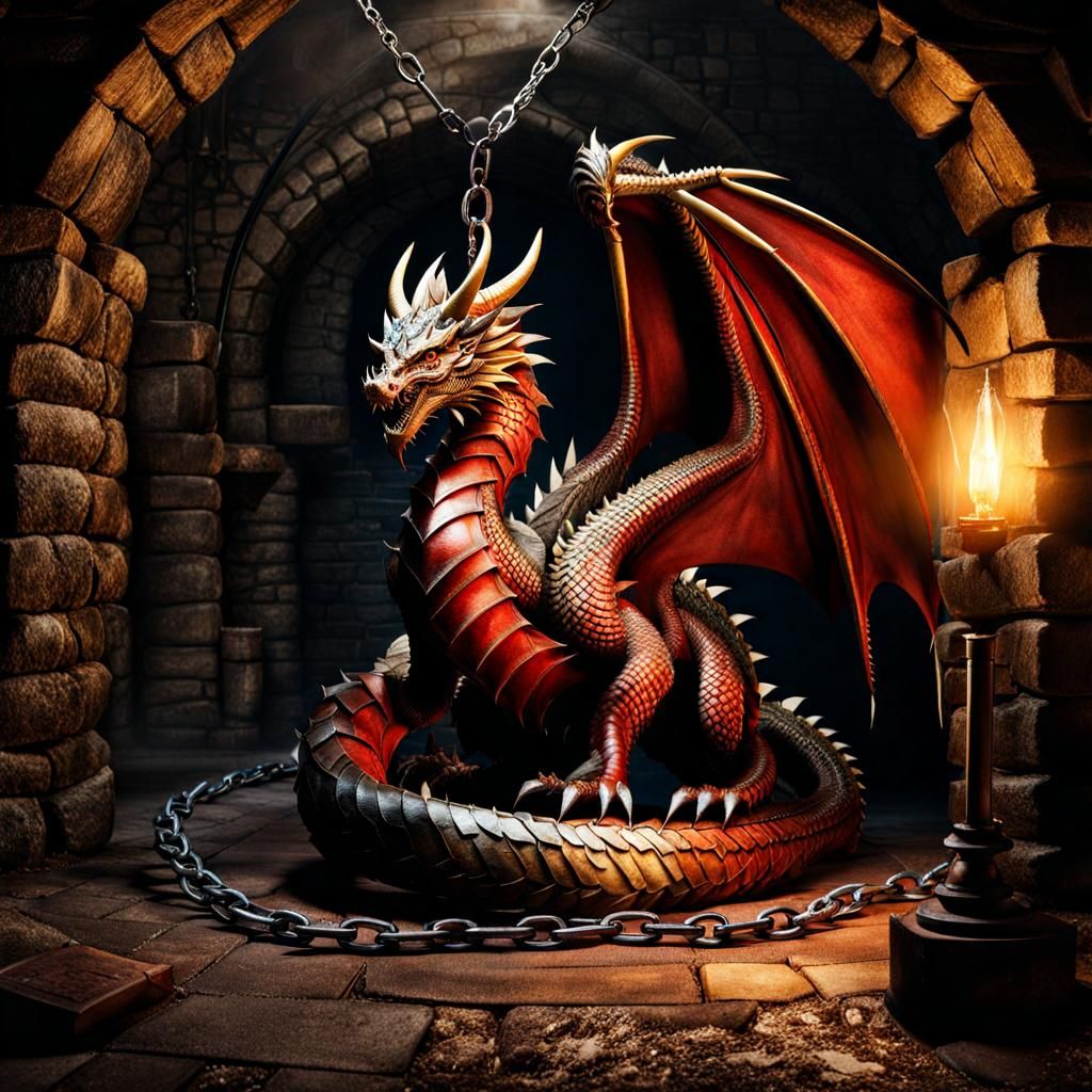 Dragon chained in a medieval dungeon