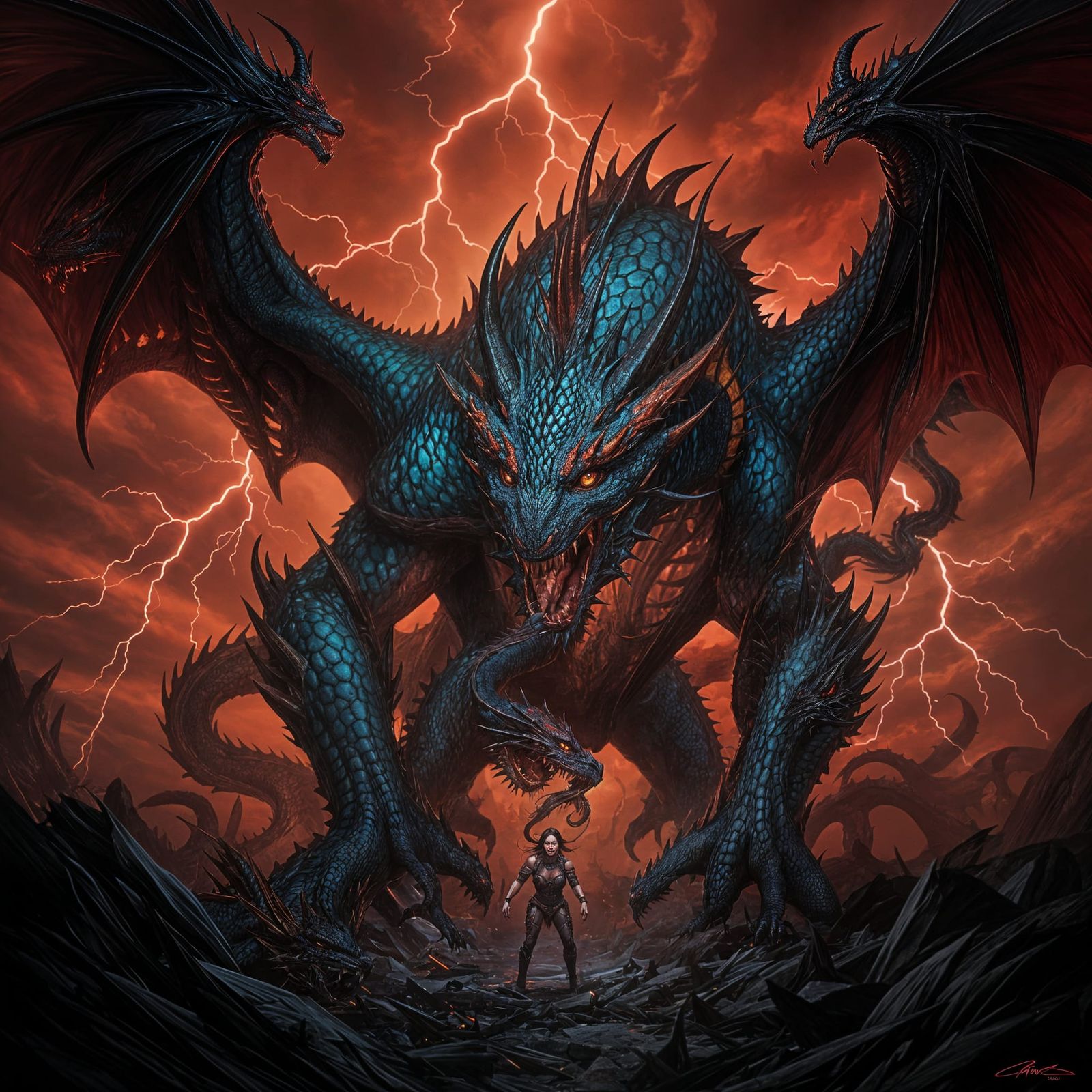 Terrifying Dragon Overwhelmed Human in Dark Fantasy Style