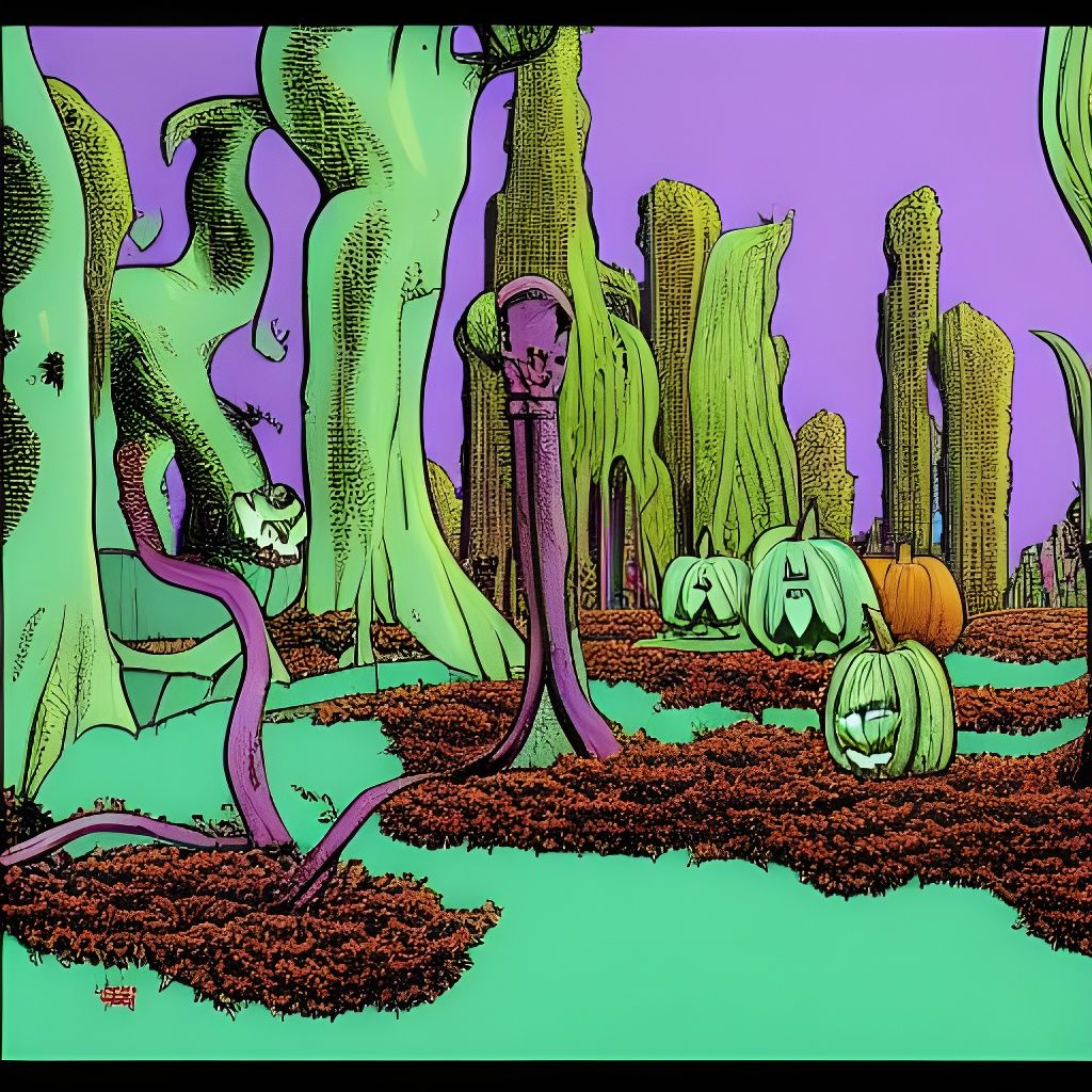 Halloween City with Overgrown Shrubs in Moebius Style