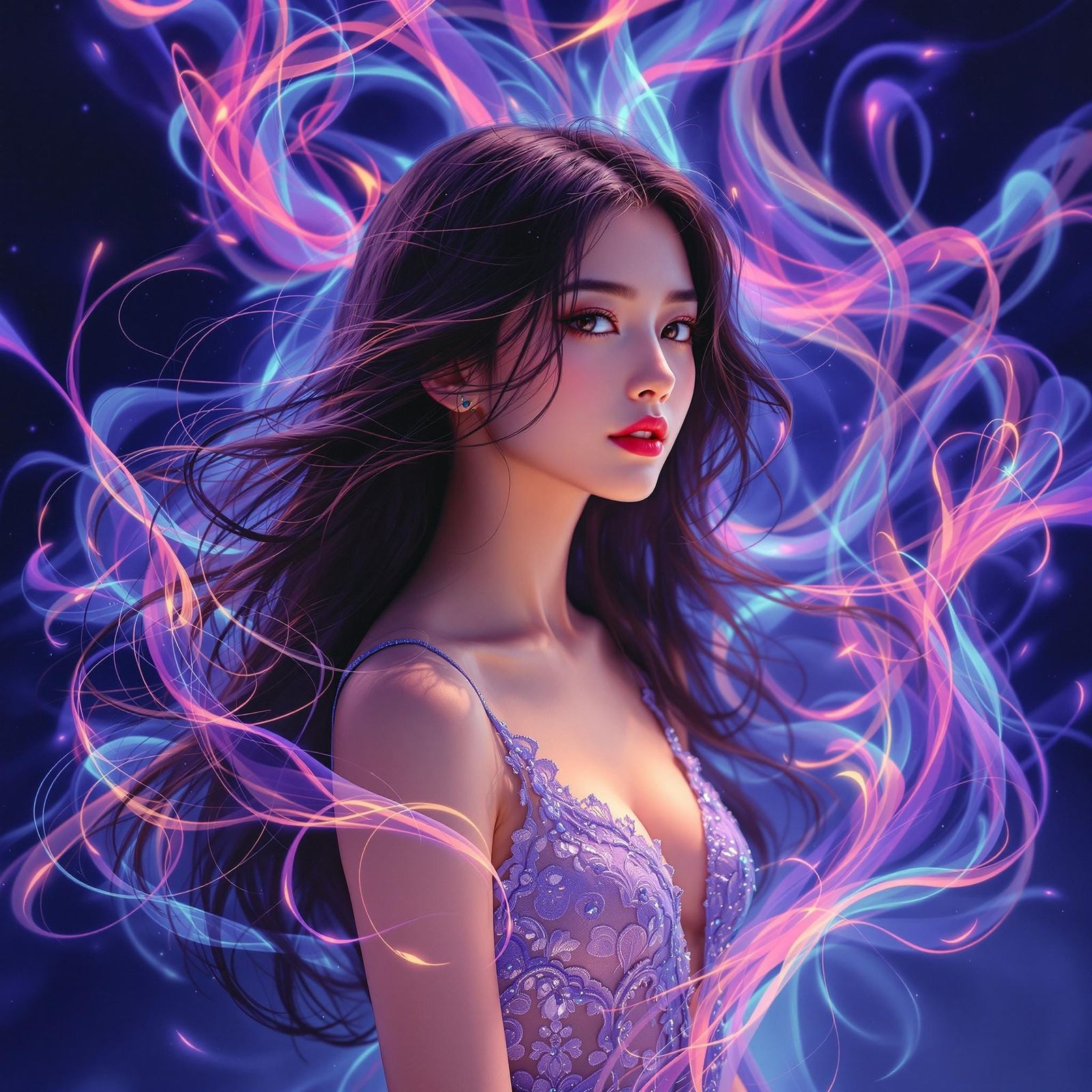 Serene Woman Surrounded by Luminous Strands