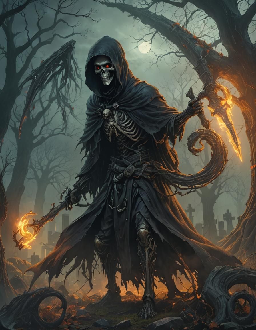 Demon Reaper in Graveyard: Dark Fantasy Art