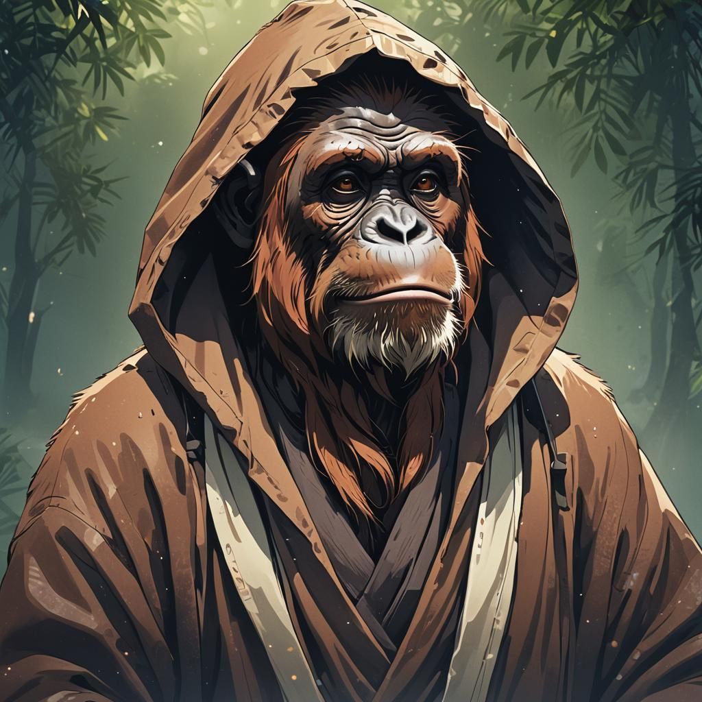 Wise Orangutan in Robe: Anime-Style Cel-Shaded Art
