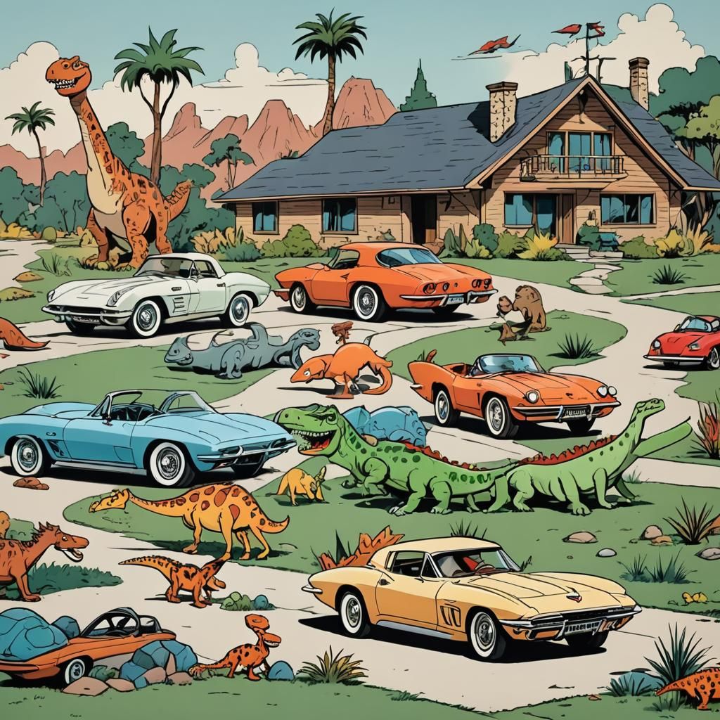 Flintstones-Style Cartoon: Souped-Up Car and Dinosaur
