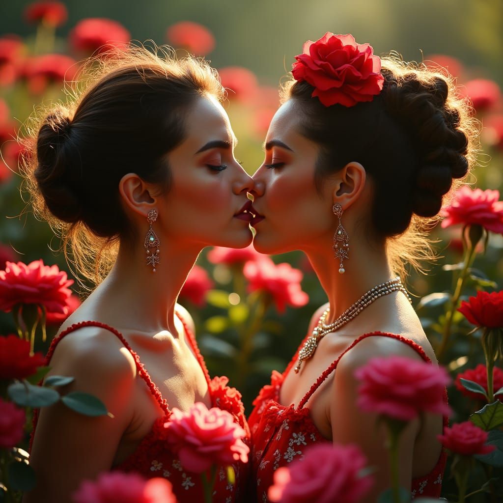 Two Women Kissing in Rose Garden, Romantic Style