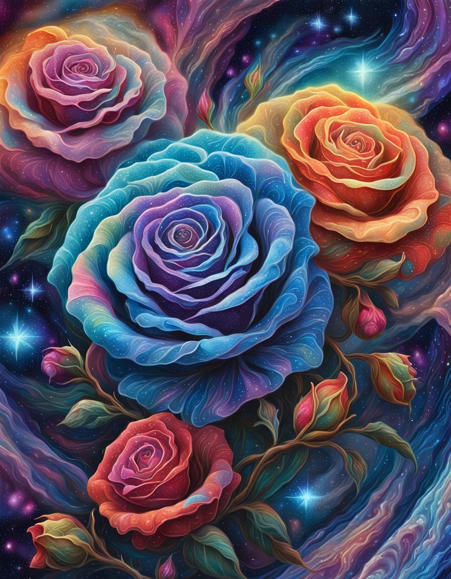 Frozen Galactic Roses in Cosmic Surrealism Style