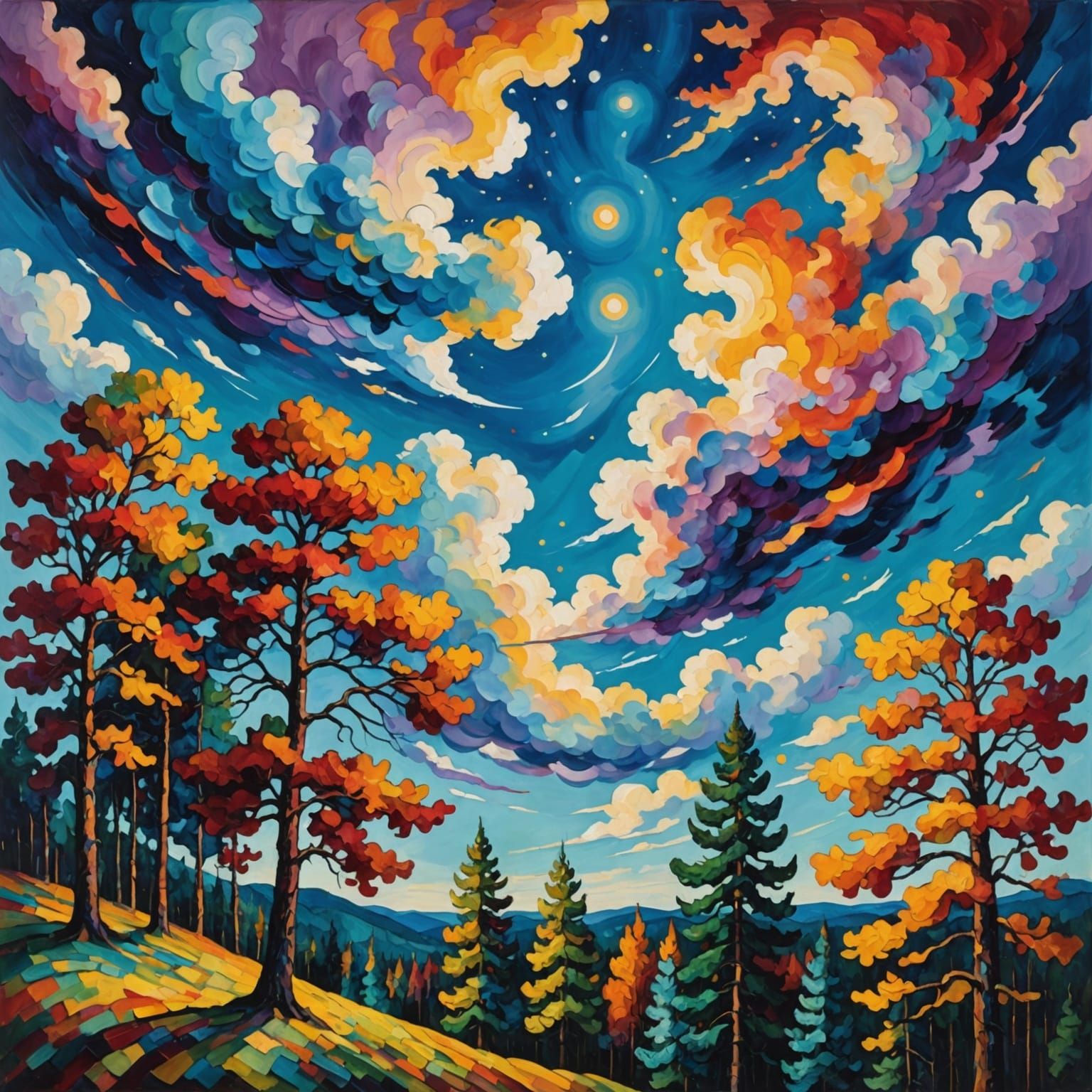 Vibrant Oil Painting of Jewel-Toned Forest Under Swirling Cl...