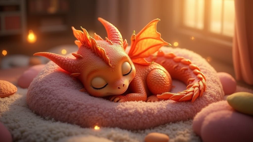 Sleeping Baby Fire Dragon in Cozy Nest, CGI Render