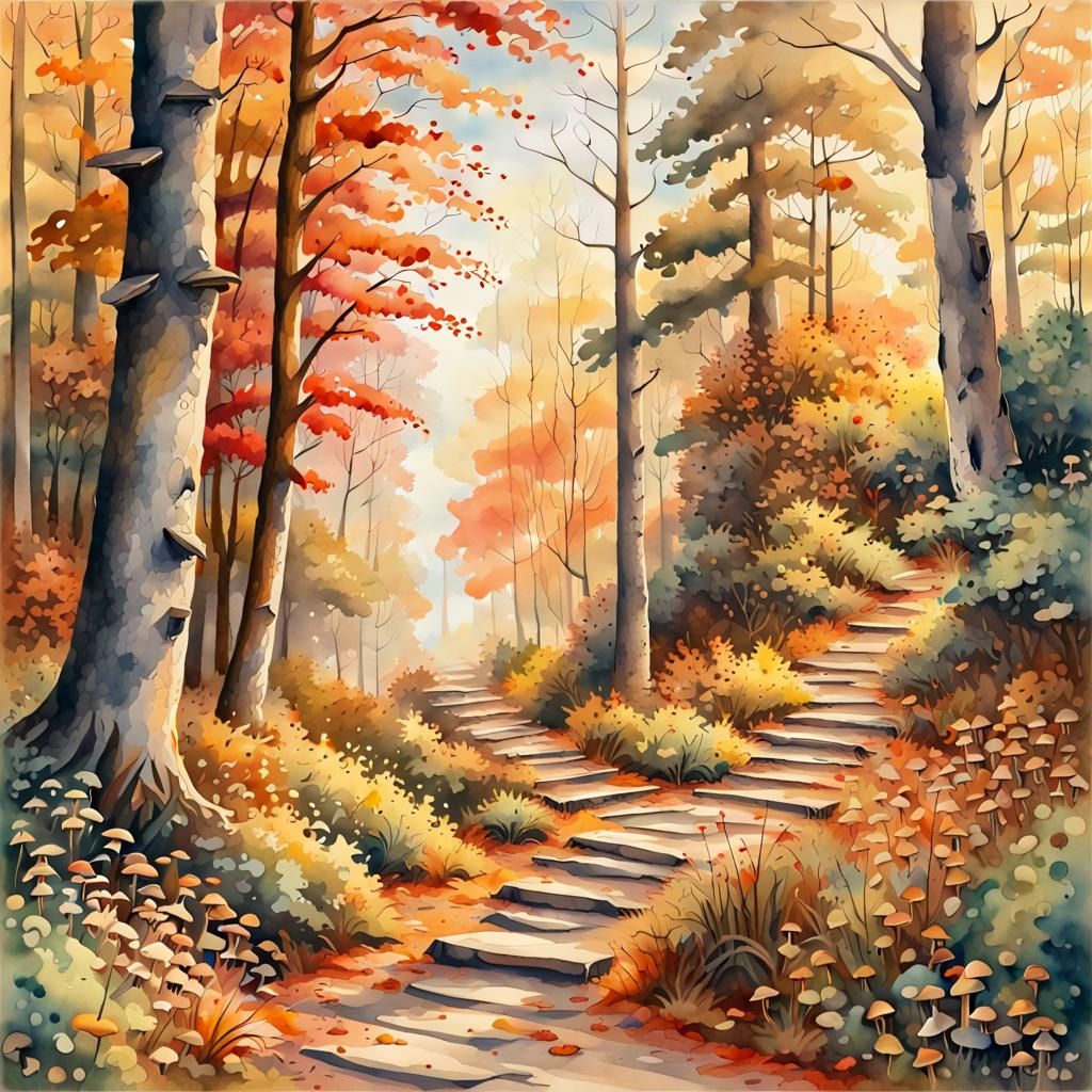 Autumn Forest Path in Watercolor Style