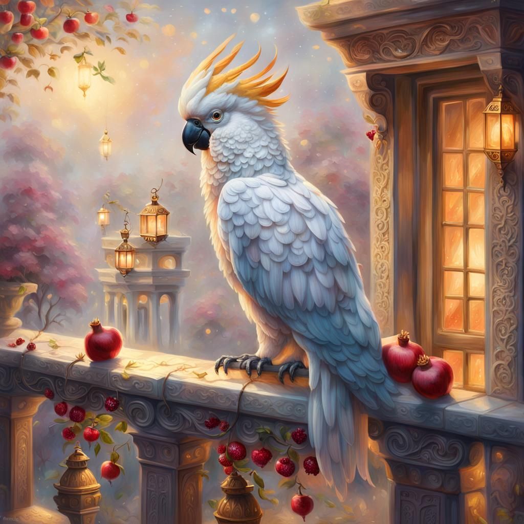 Cockatoo in Ethereal Fantasy Balcony Scene