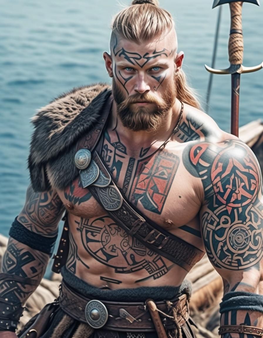 Viking Warrior with Norse Tattoo Art