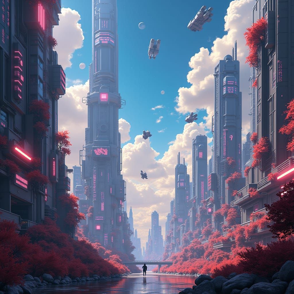 Futuristic Sci-Fi Metropolis with Neon and Flying Vehicles