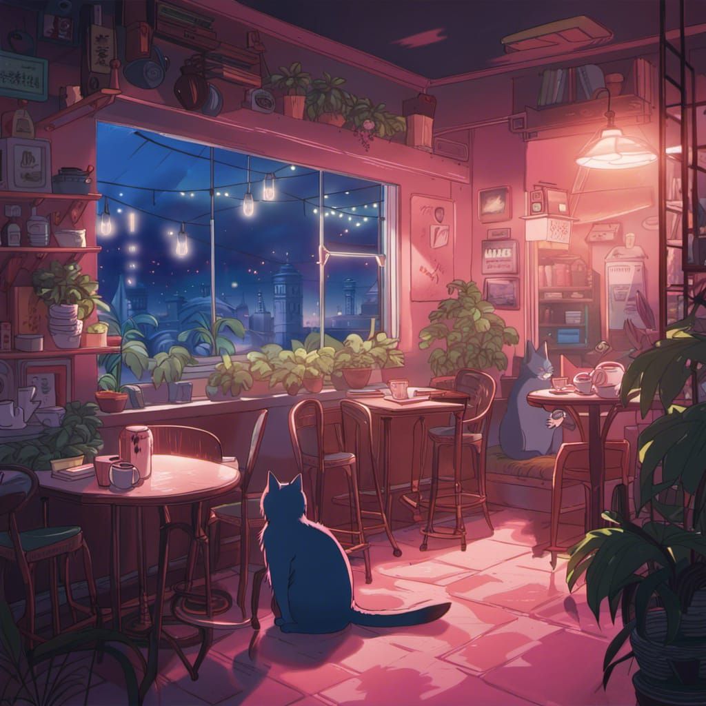 Anime Cat Bedroom at Night in Ghibli Style