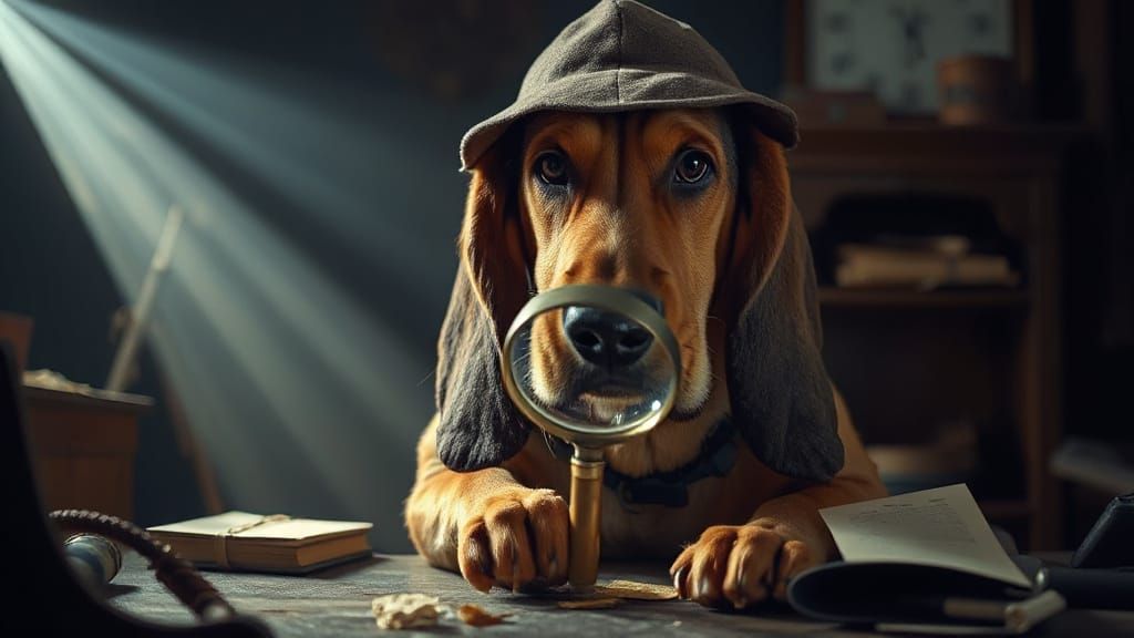 Basset Hound Detective in Dimly Lit Study