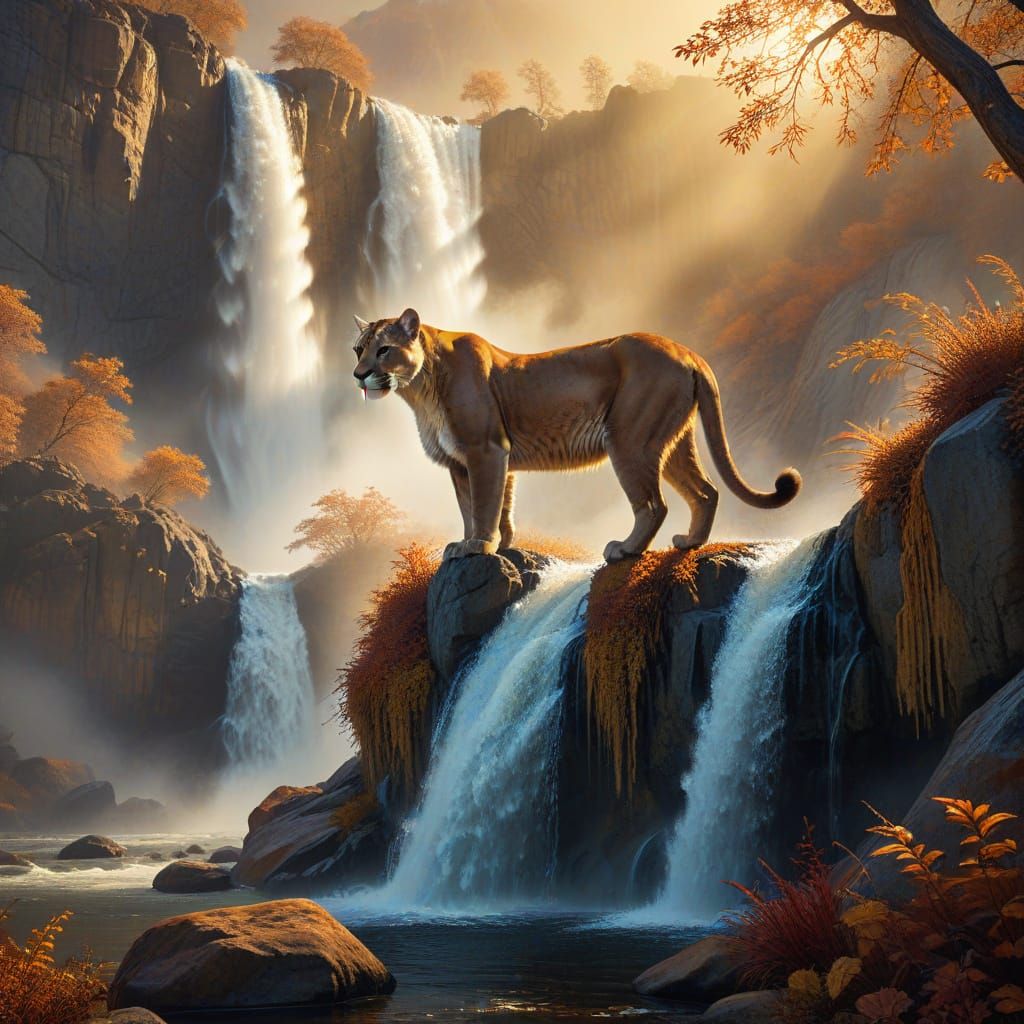 Majestic Mountain Lion at Autumn Waterfall