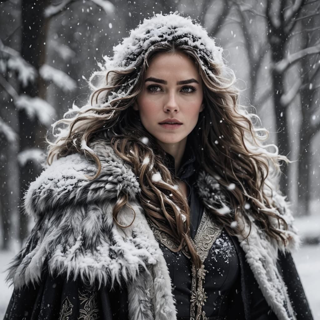 Monochrome Portrait of Fur-Clad Character in Snow