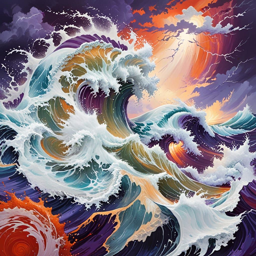 Tsunami in White Ocean Under Stormy Sky