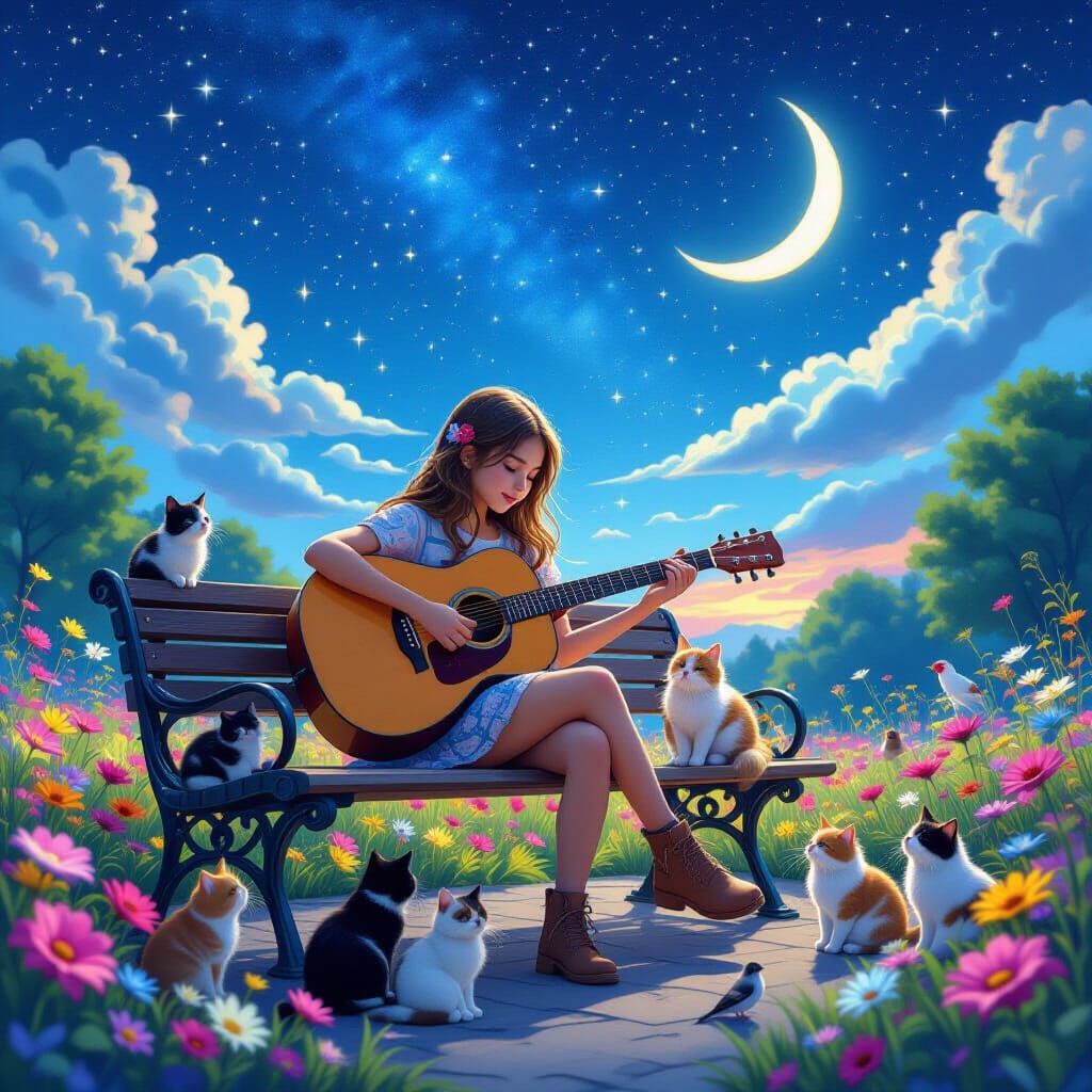 A serene scene of a girl playing guitar on a bench, surround...