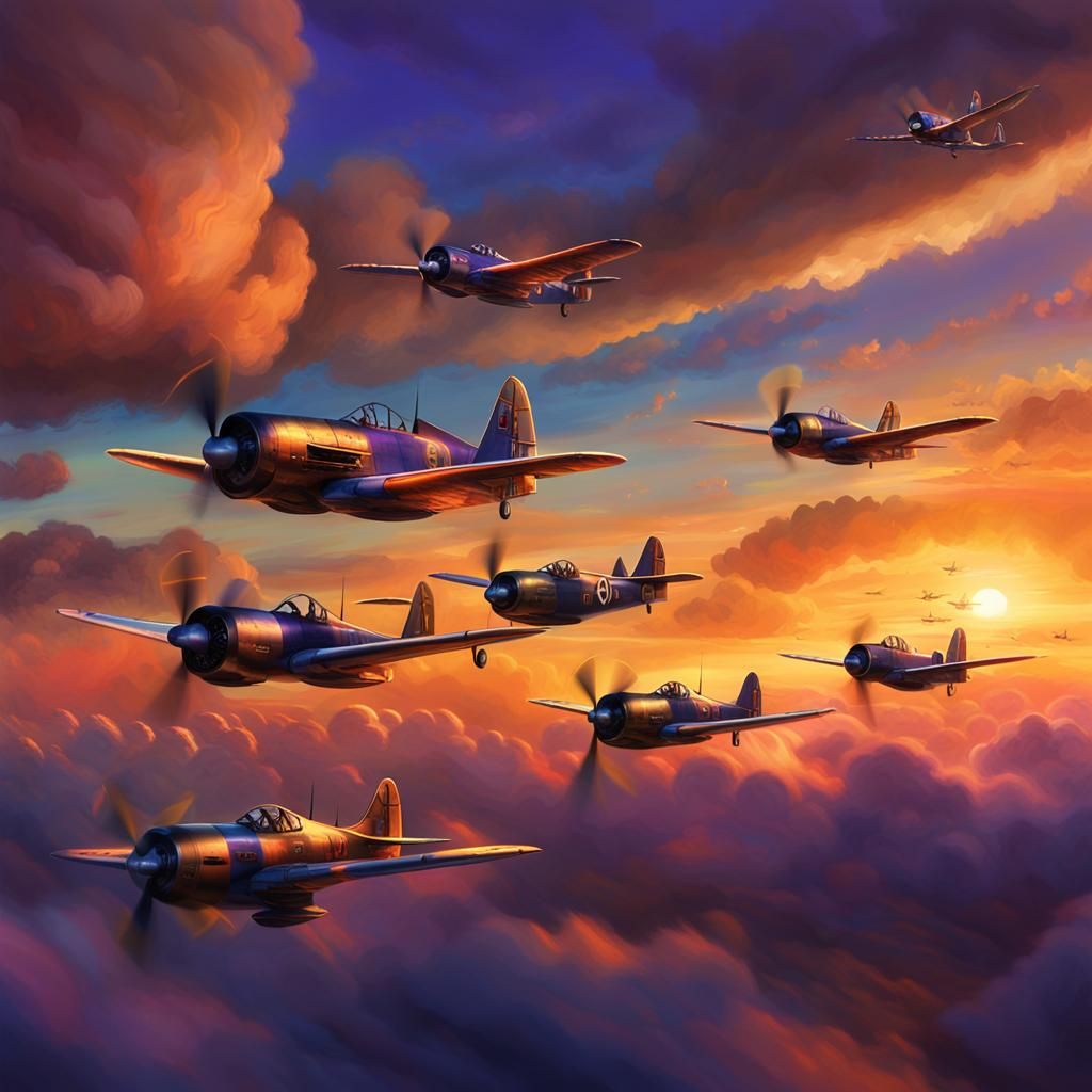 Vintage Fighter Planes Soaring at Sunset: Digital Matte Pain...