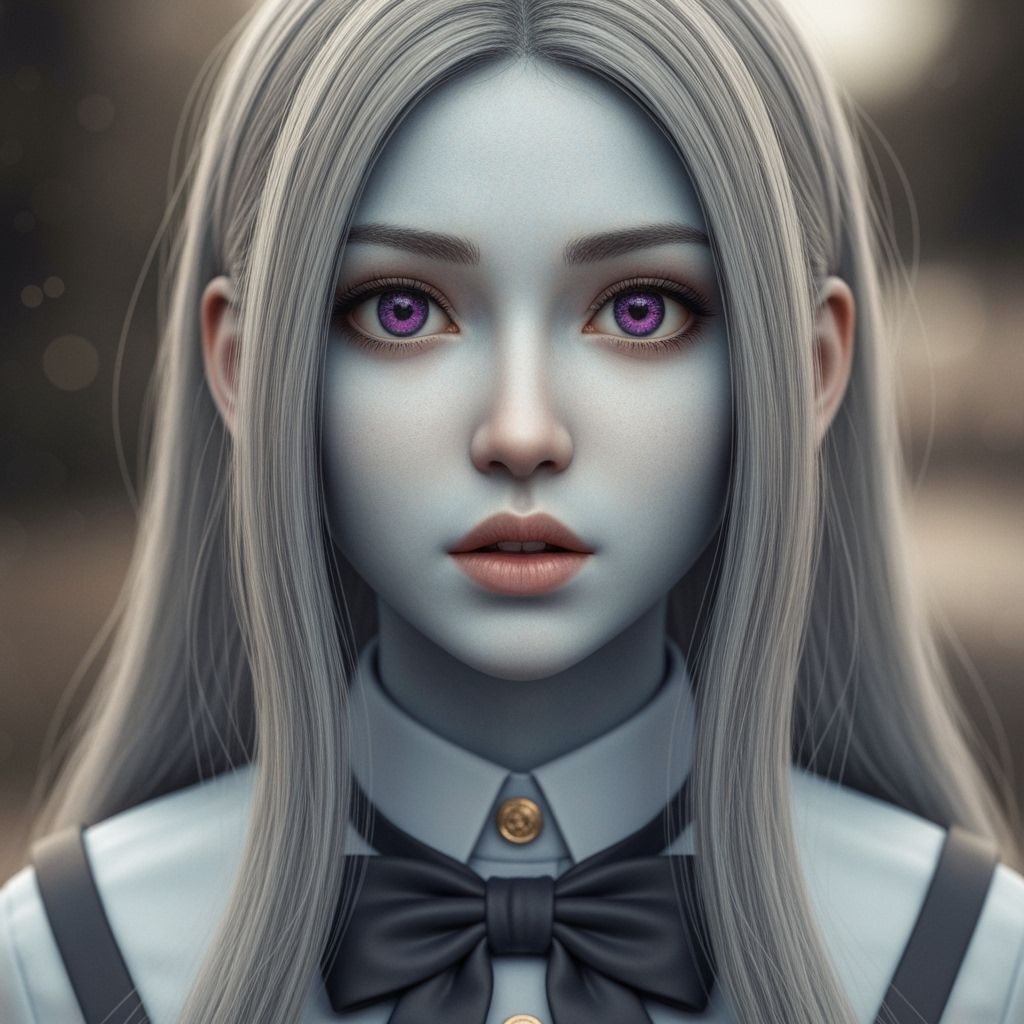 Porcelain Beauty with Violet Eyes in Hyperrealistic Portrait