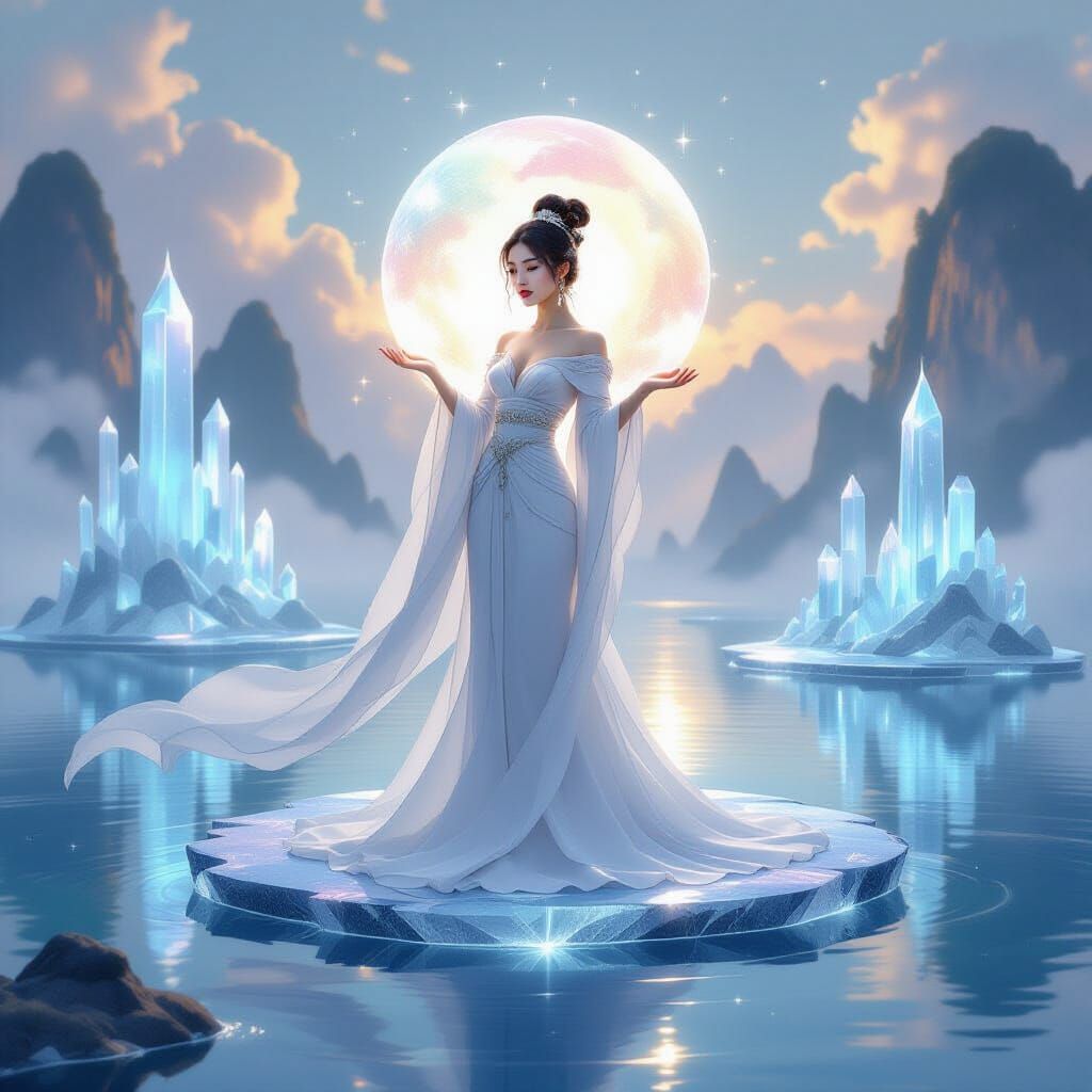 Elegant Asian Woman in Ethereal Mist on Crystal Island