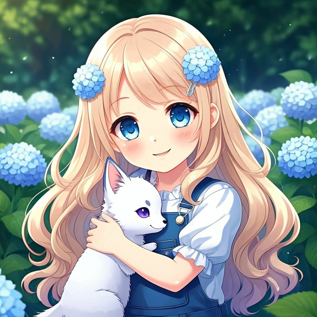 Girl with Fox in Hydrangea Field, Anime Style