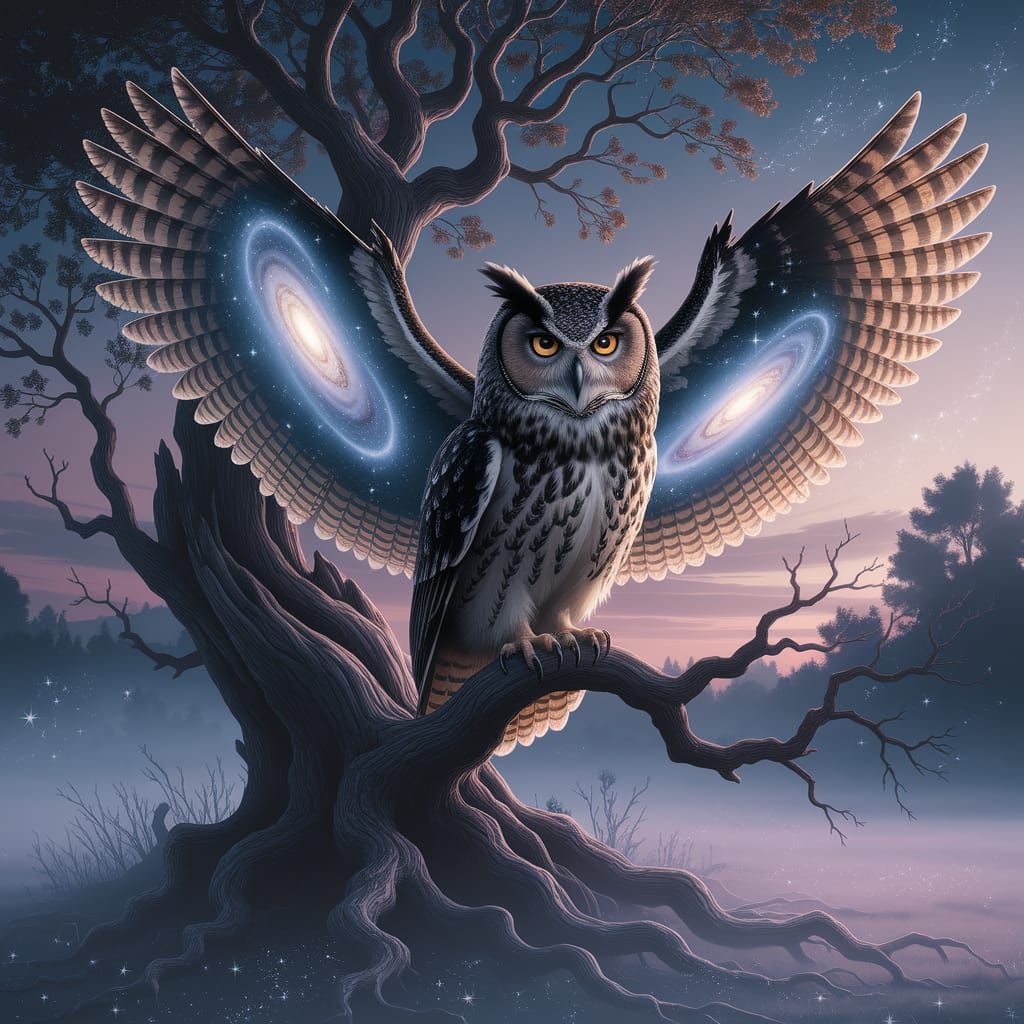 Majestic Owl in Dreamy Twilight Landscape