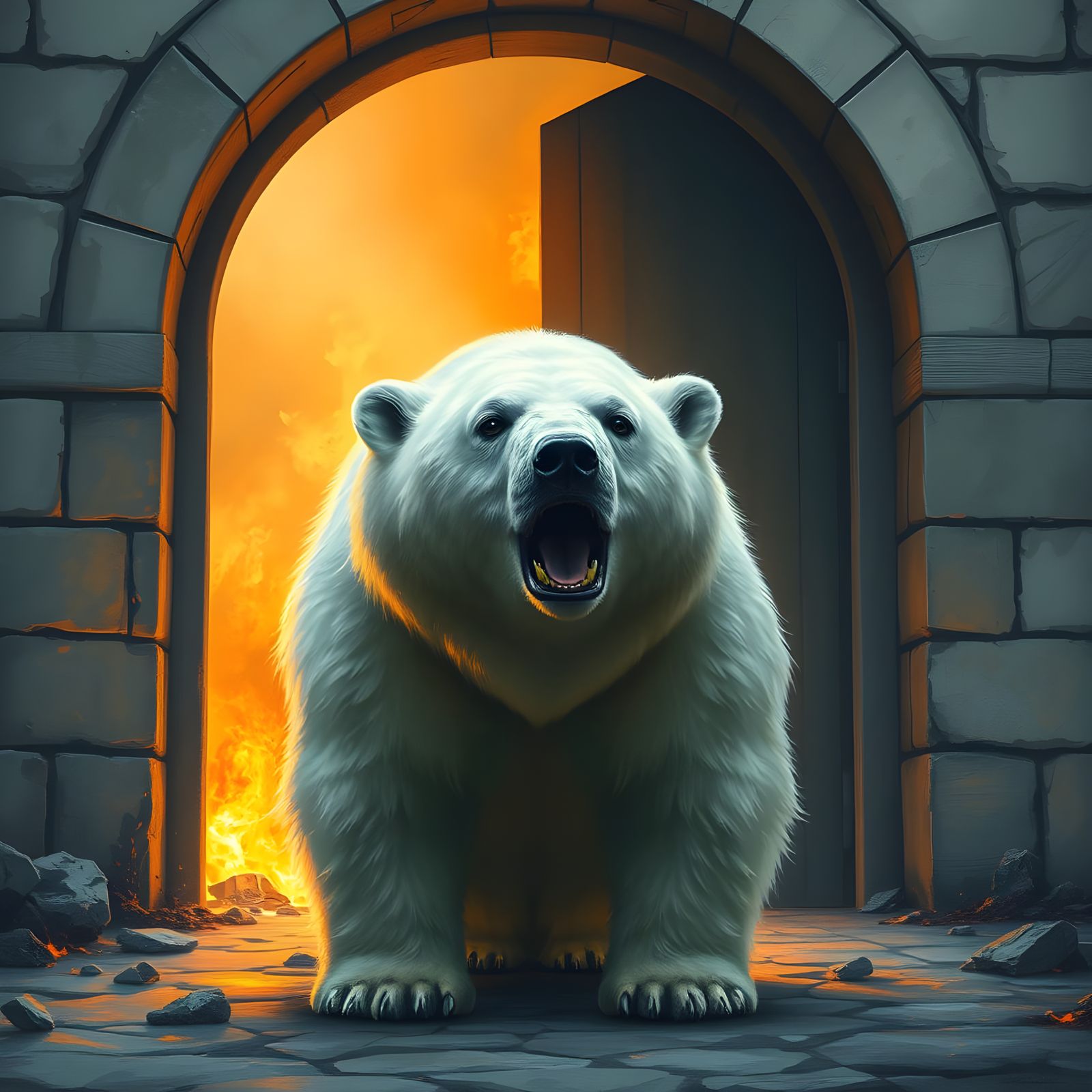 Polar Bear in Frustrated Tears Amidst Stone Arches