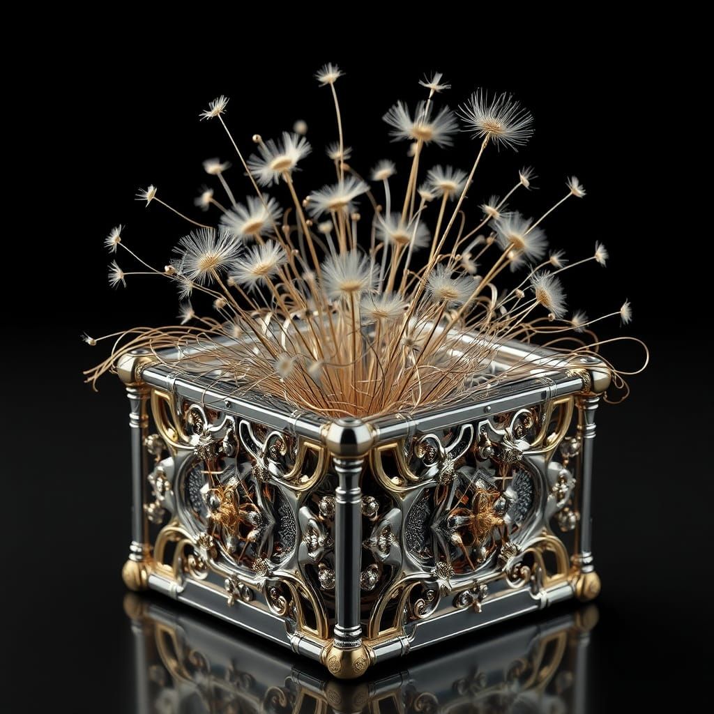 Ornate Metallic Box with Mechanical Dandelions