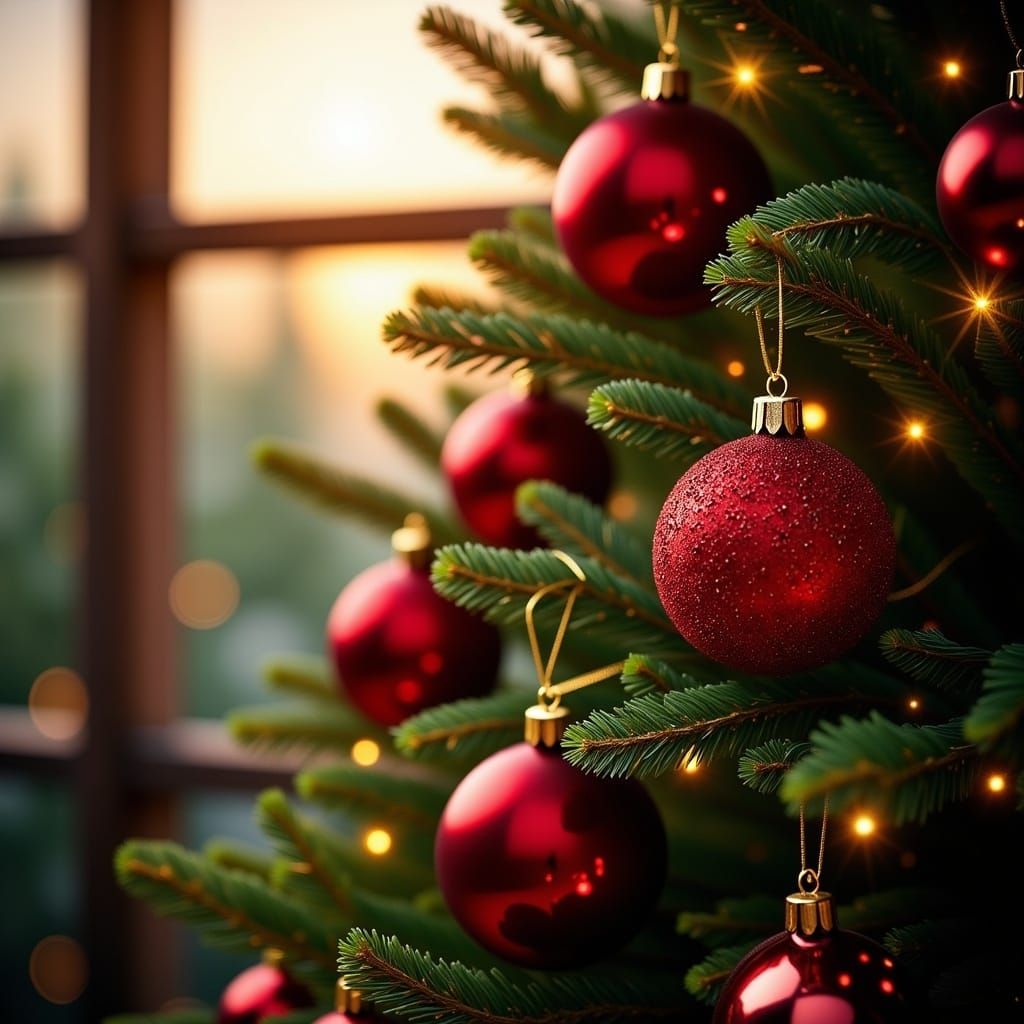 Vibrant Christmas Tree Illuminated by Warm Afternoon Glow