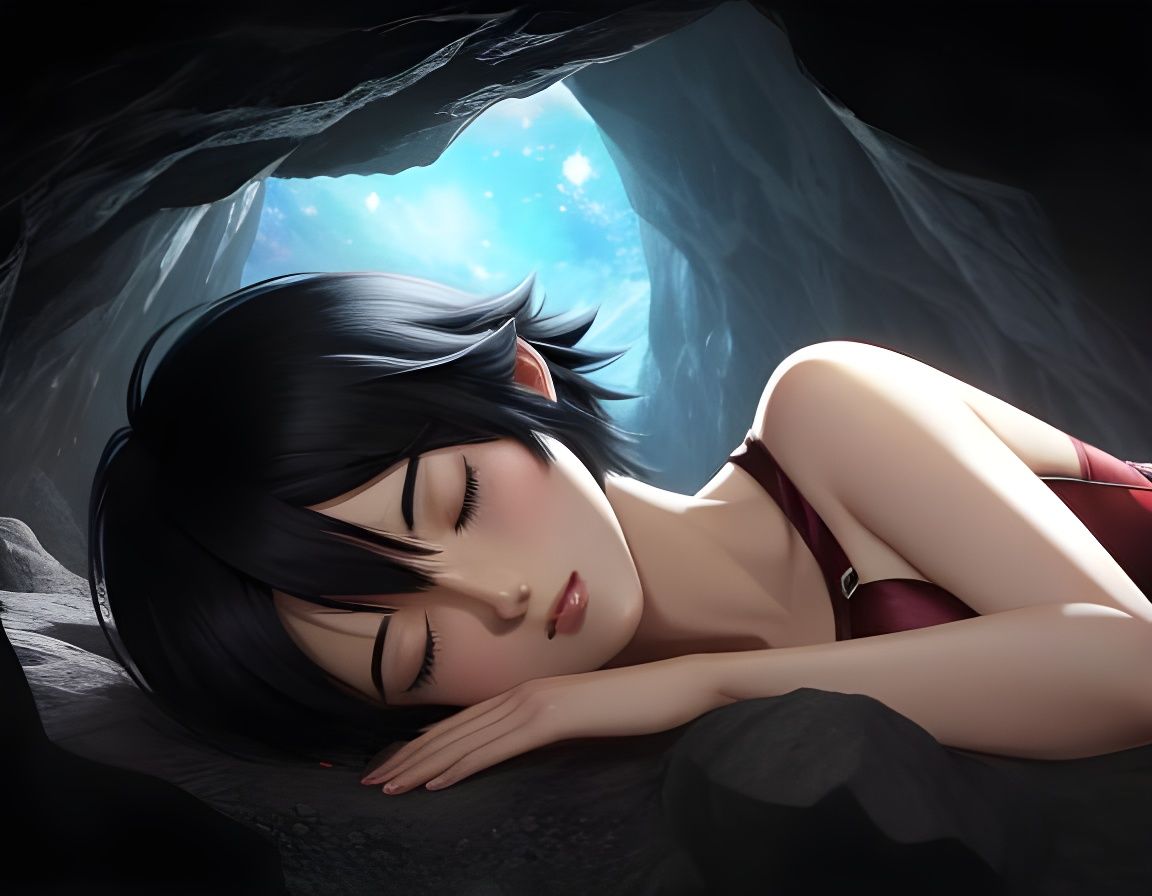 Anime Girl Sleeping in Cave Close-Up