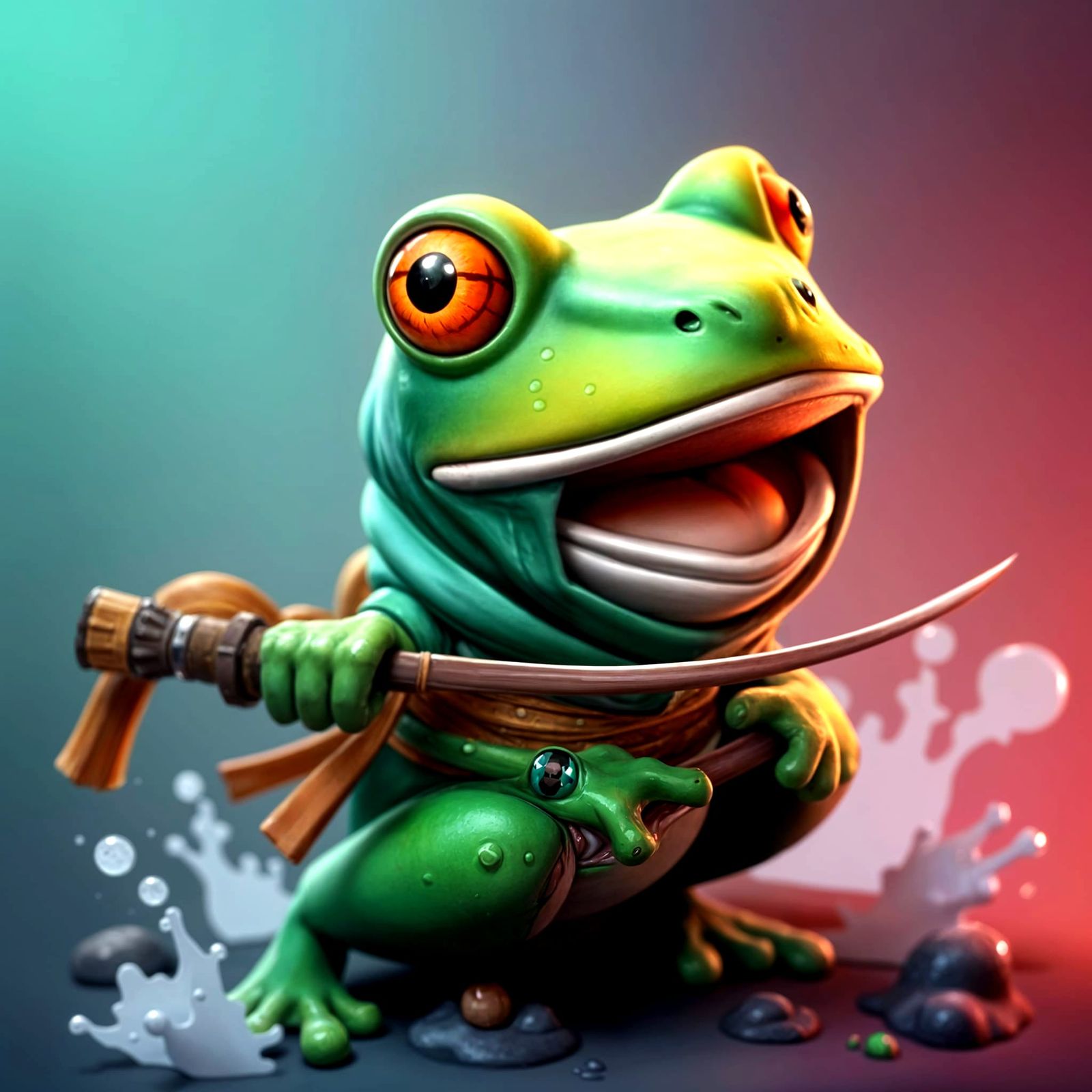 Whimsical Frog Ninja in Vibrant Minimalist Art