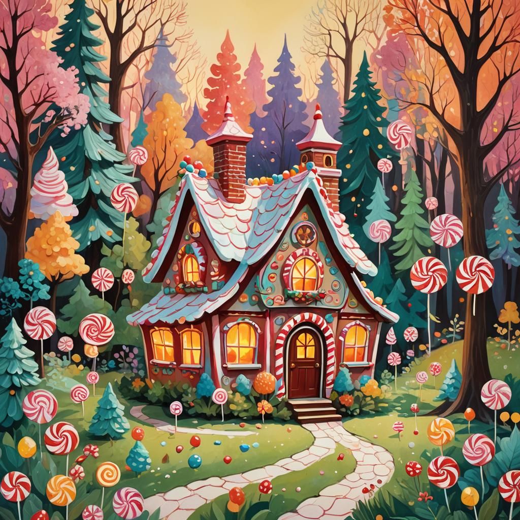 Candy House in Peppermint Forest: Whimsical Gouache Painting