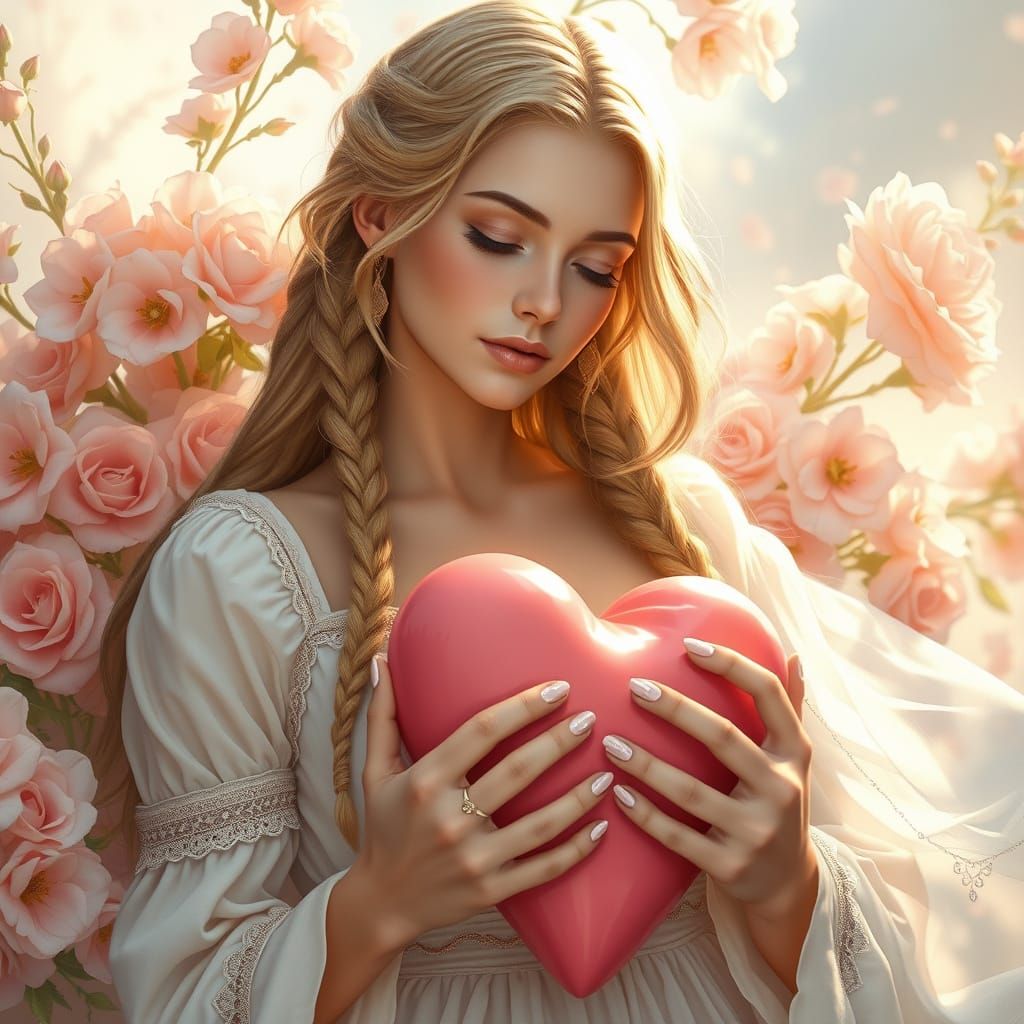 Renaissance Woman with Heart in Ethereal Garden