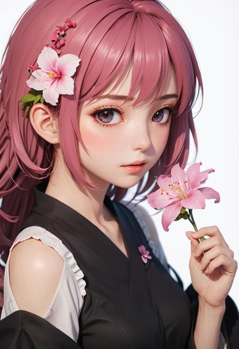 Beautiful Anime Girl with Flowers in 3D Style