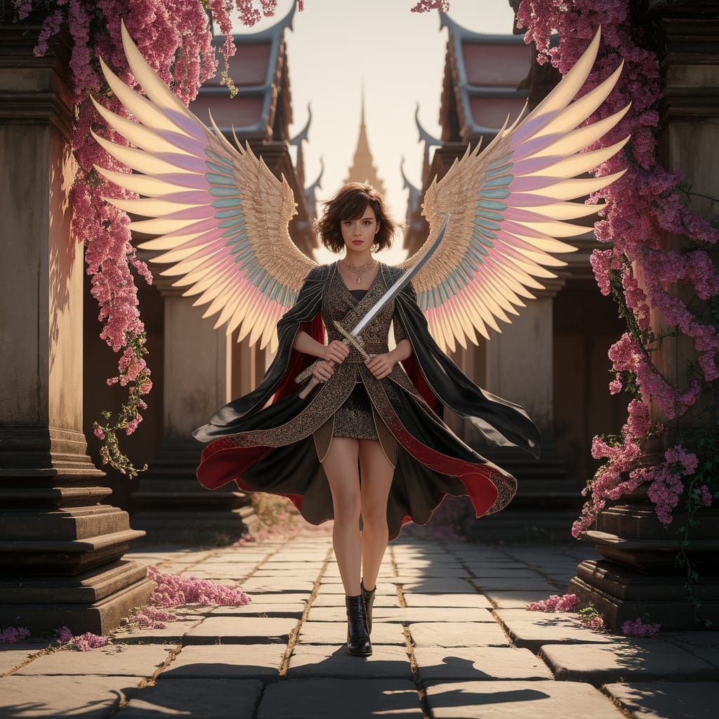 Thai Warrior Angel with Four Wings in Ancient Temple