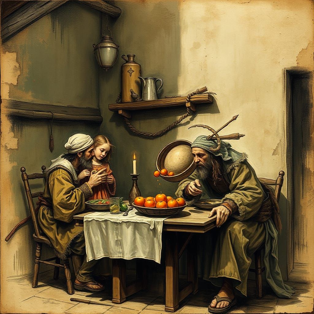 17th Century Peasant Family Meal: Mixed Media Illustration