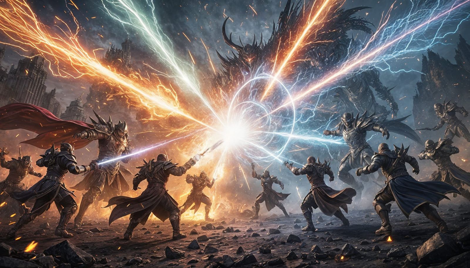 Epic Fantasy Battle: Warriors Unleash Energy Beams